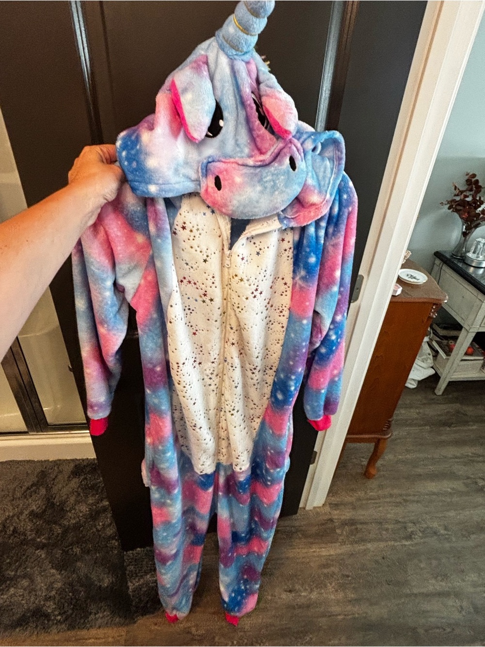 Adult Unicorn Hooded Fleece Pajamas - Pink & Blue Galaxy